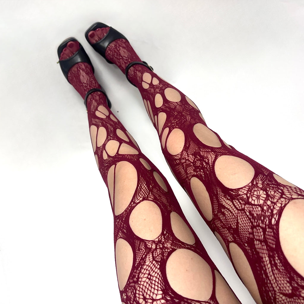 Burgundy Distressed Lace Tights