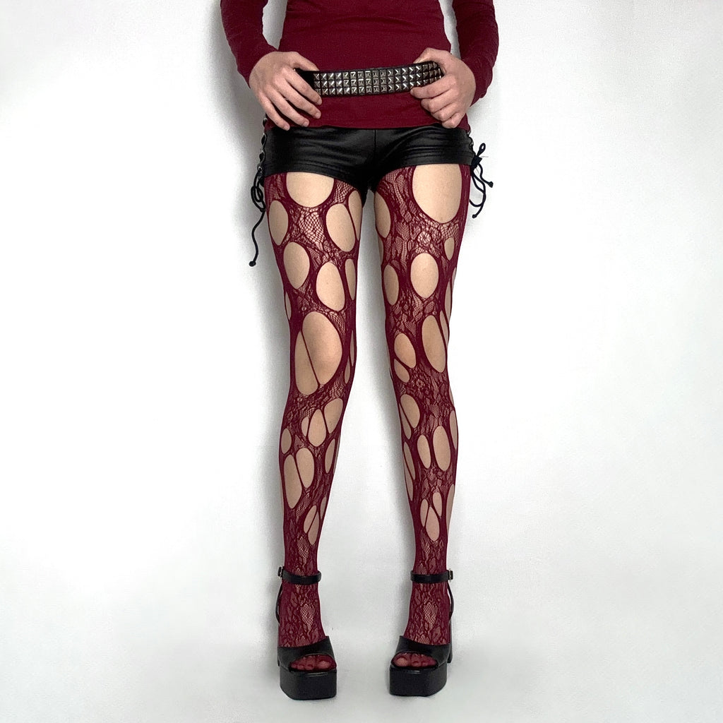 Burgundy Distressed Lace Tights