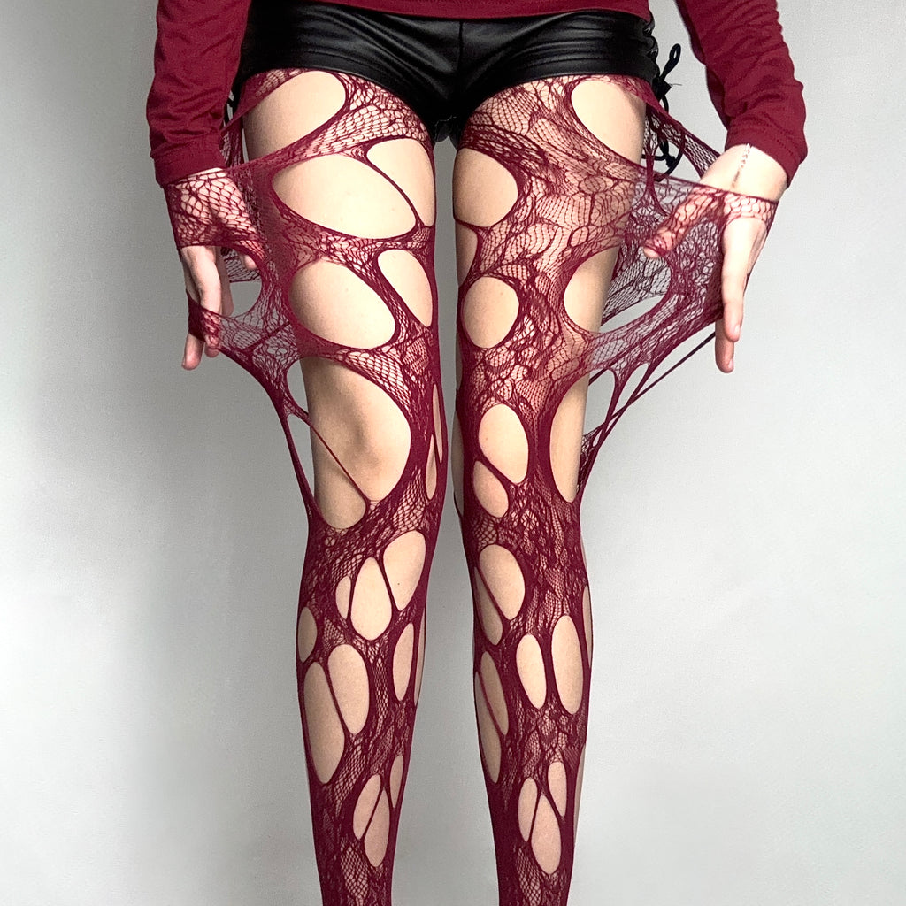 Burgundy Distressed Lace Tights
