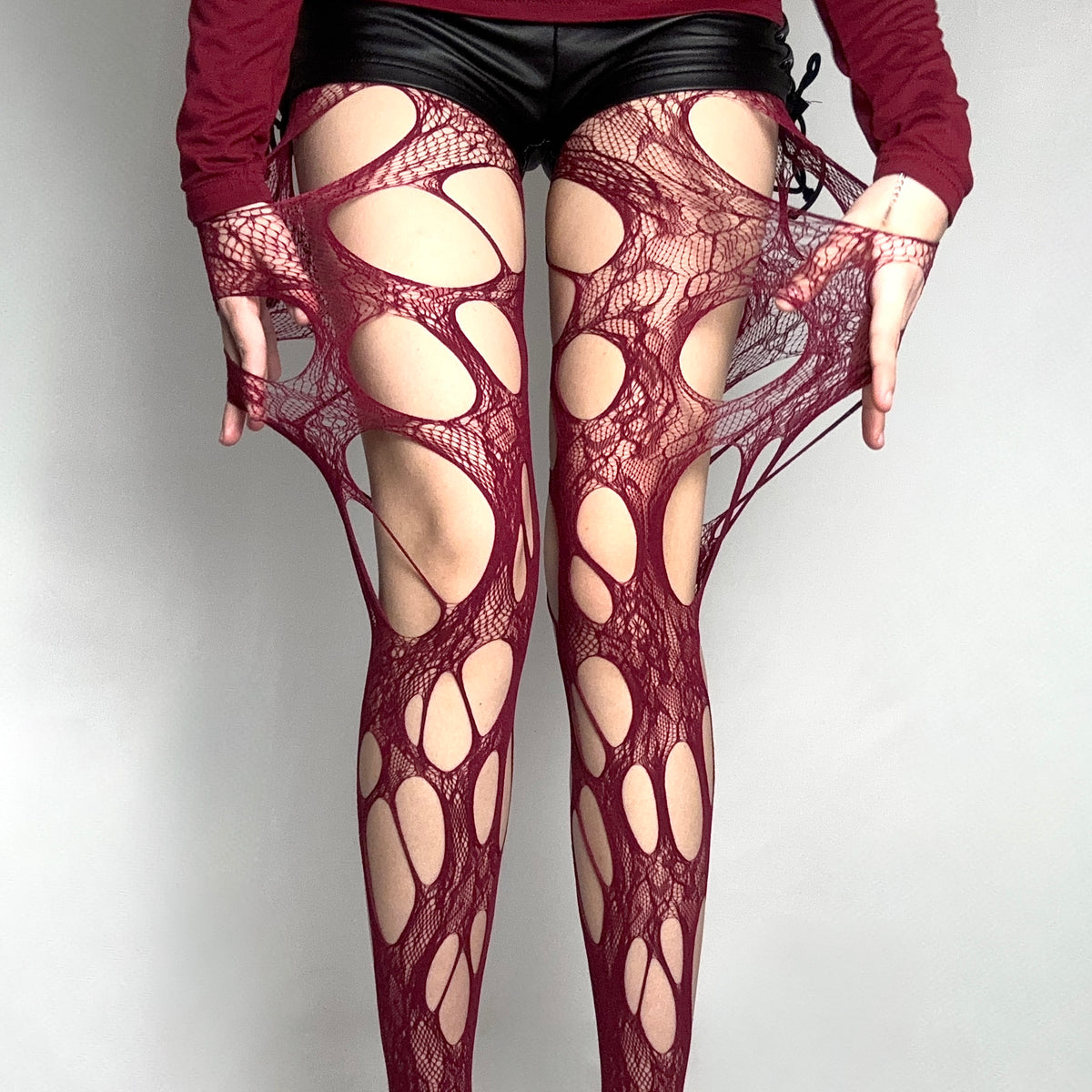 Burgundy Distressed Lace Tights