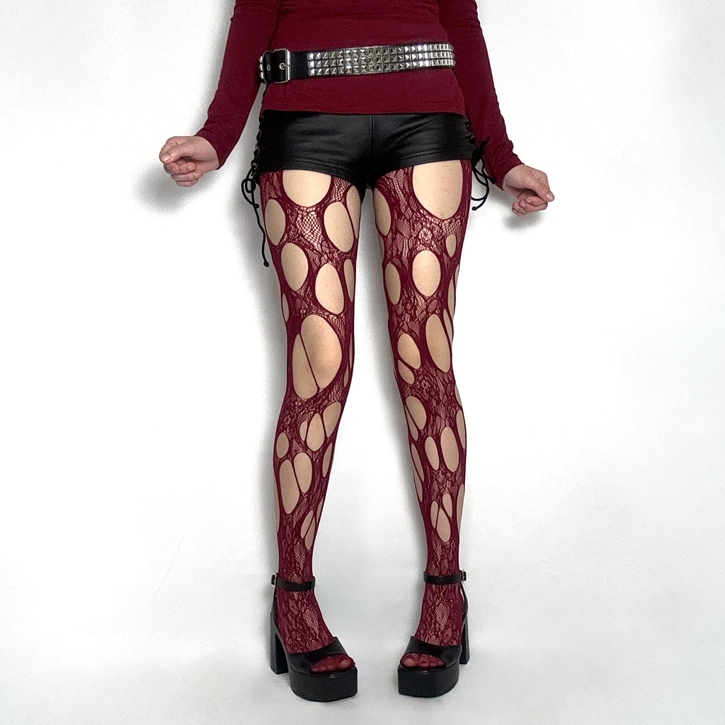 Burgundy Distressed Lace Tights