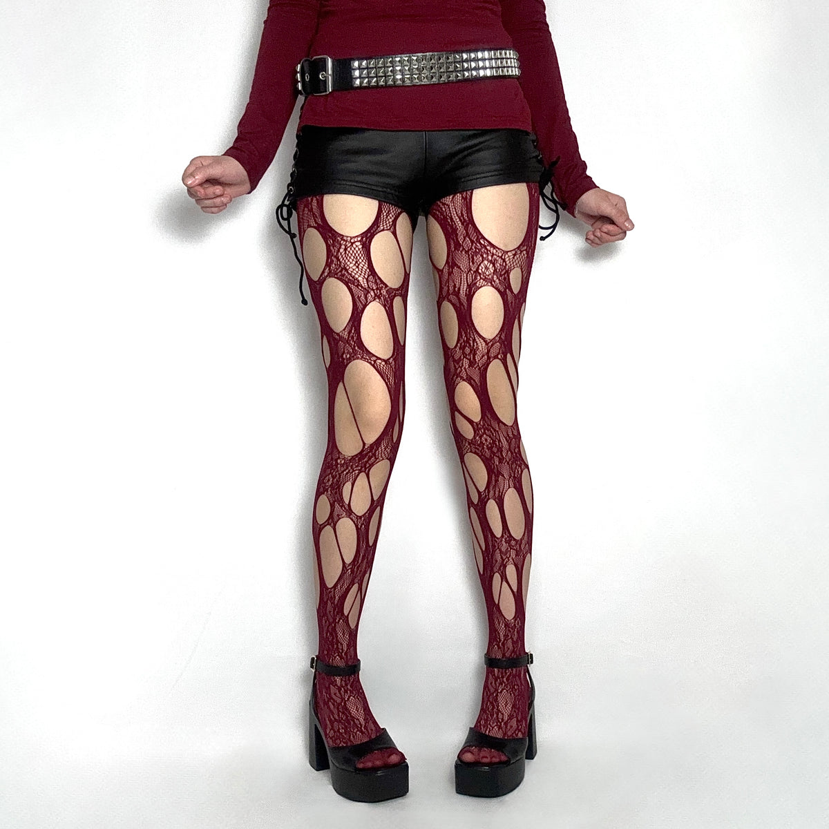 Burgundy Distressed Lace Tights