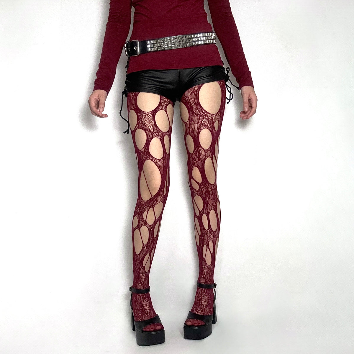 Burgundy Distressed Lace Tights