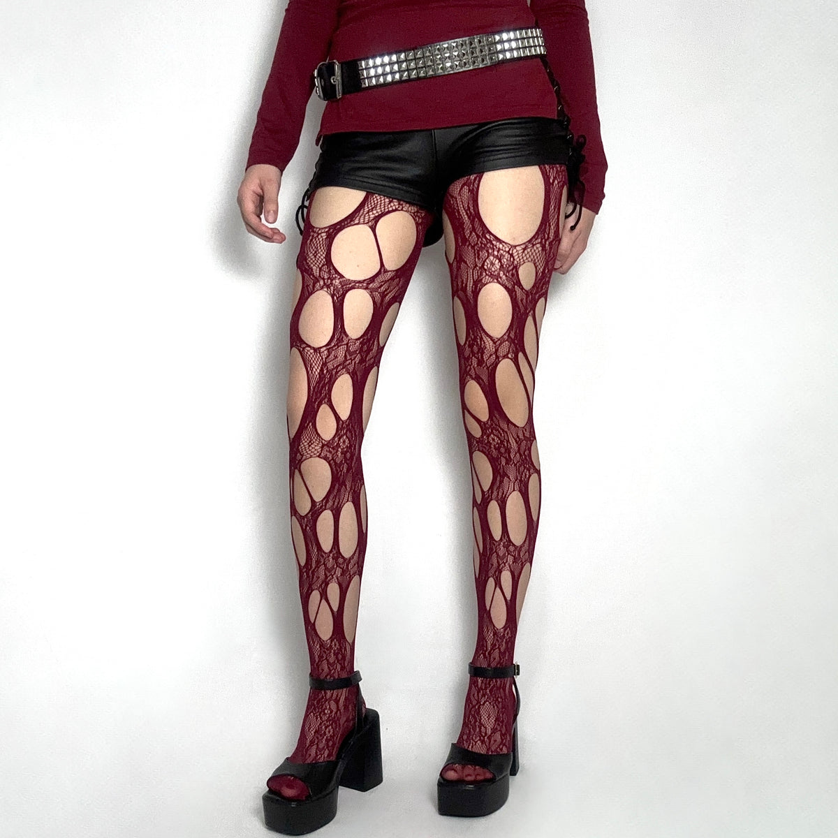 Burgundy Distressed Lace Tights