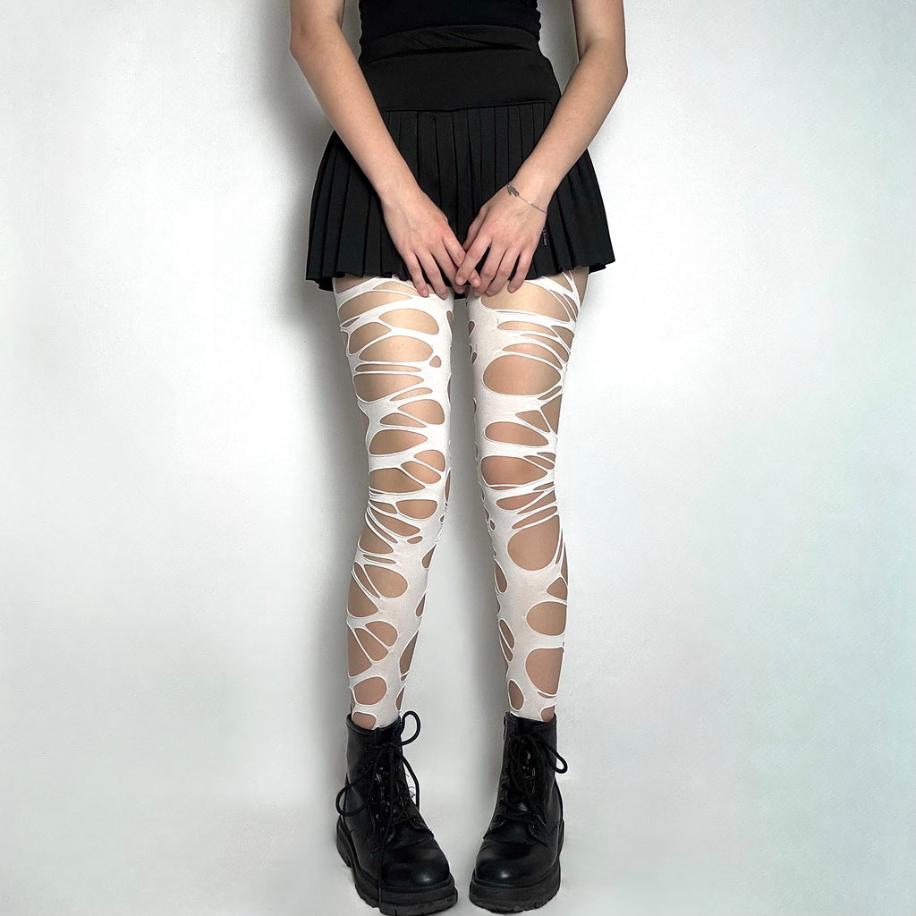 White Shredded Cutout Tights